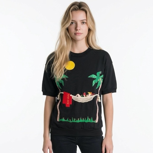 duet Tops - DUET | Vintage Black Tropical Hammock Island Beach Tee Women’s Size Small